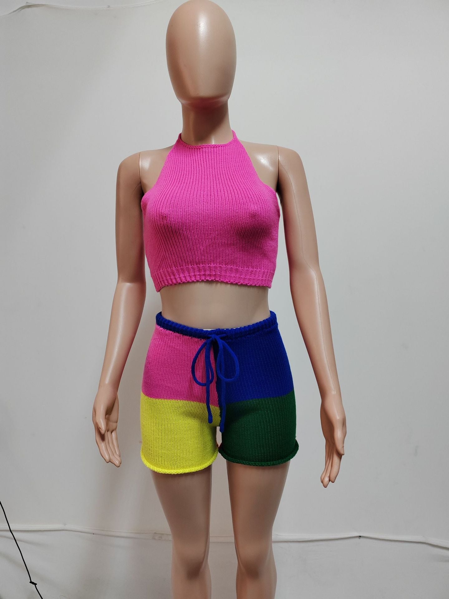 Summer Women's Knitwear Fashion Low Back Halter Neck Top & Tight-Fitting Shorts Set 5