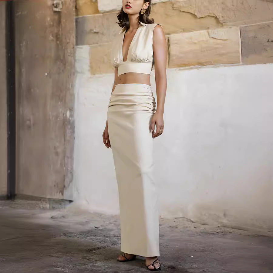 Spring Summer Turndown Collar Sleeveless Top Long Skirt  Casual Two-Piece Set 7