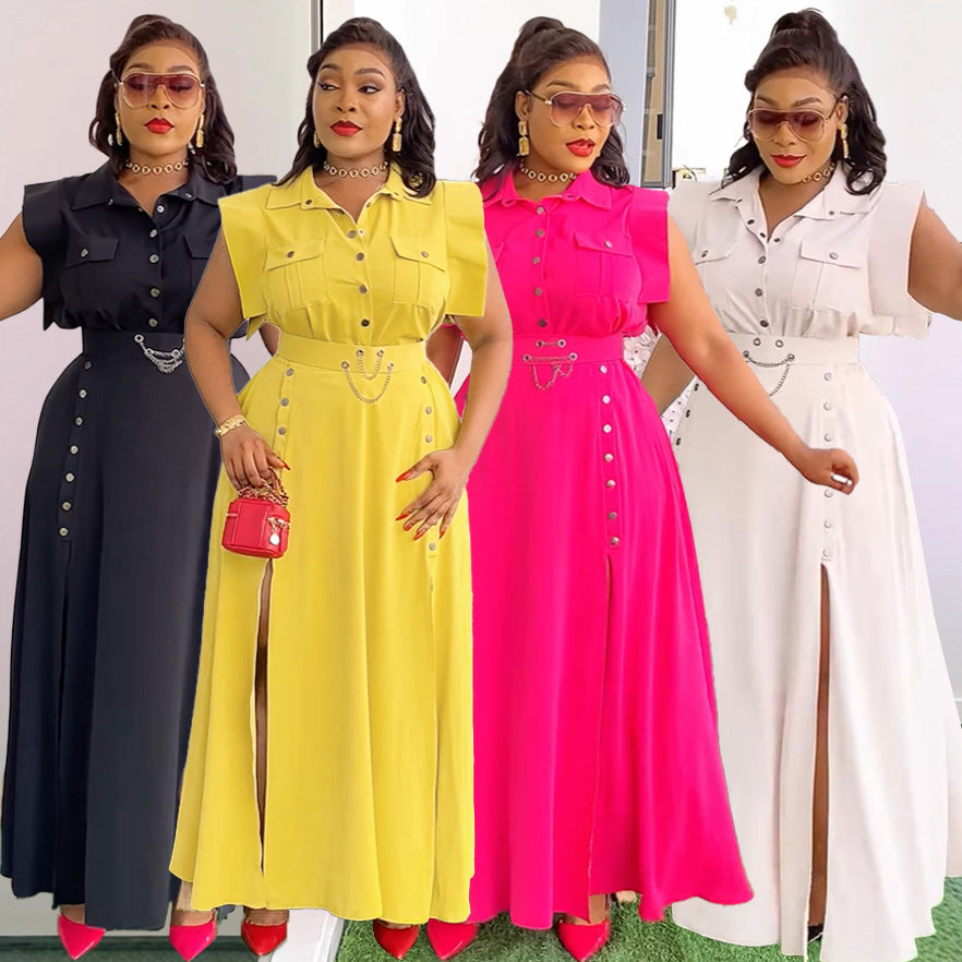 Elegant Career Solid Color Turndown Collar Sleeveless Shirt Slit Long Skirt Two-Piece Set 10