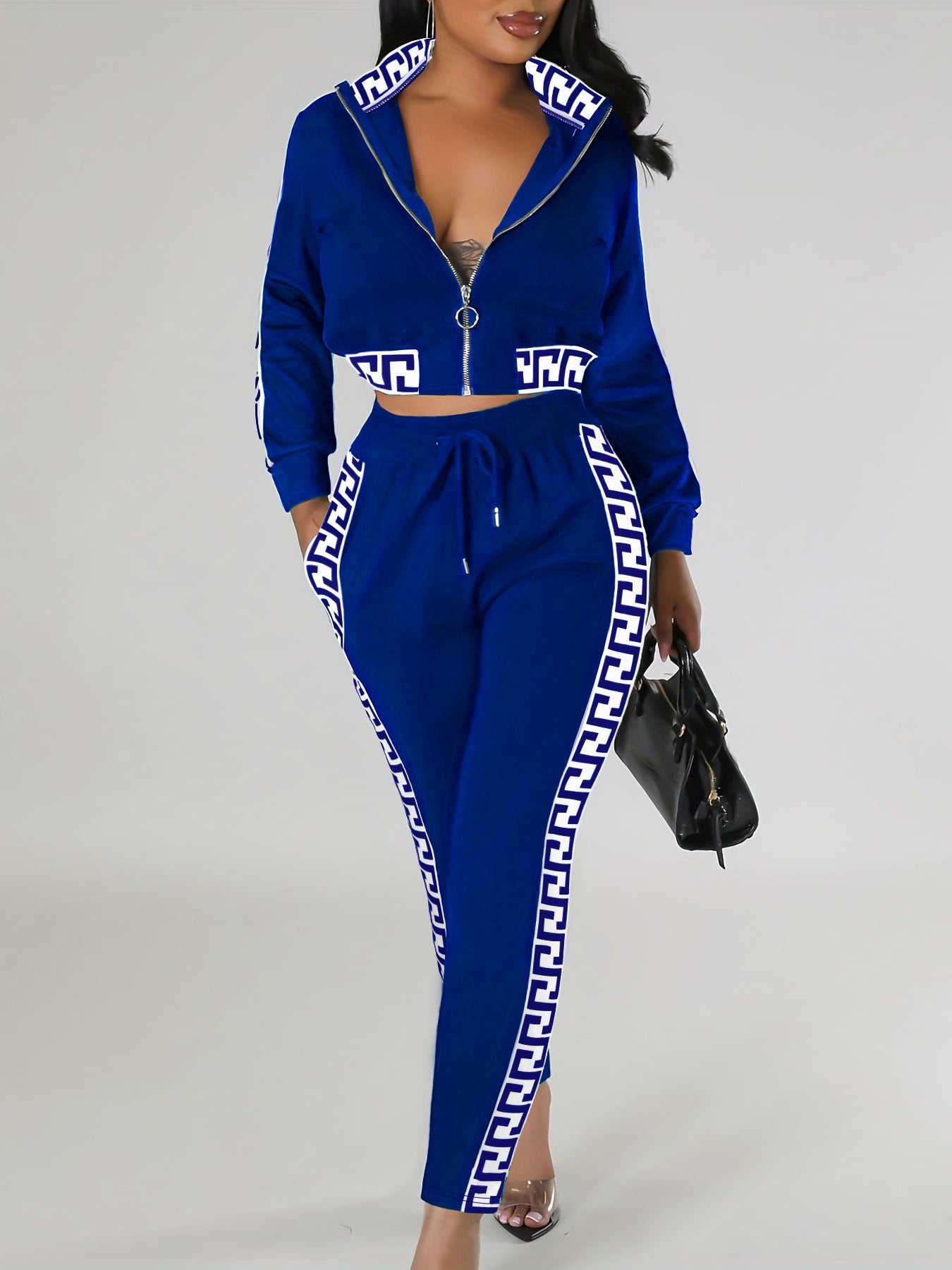 Spring Autumn Fashion Casual Patchwork Zipper Top Trousers Two-Piece Set 5