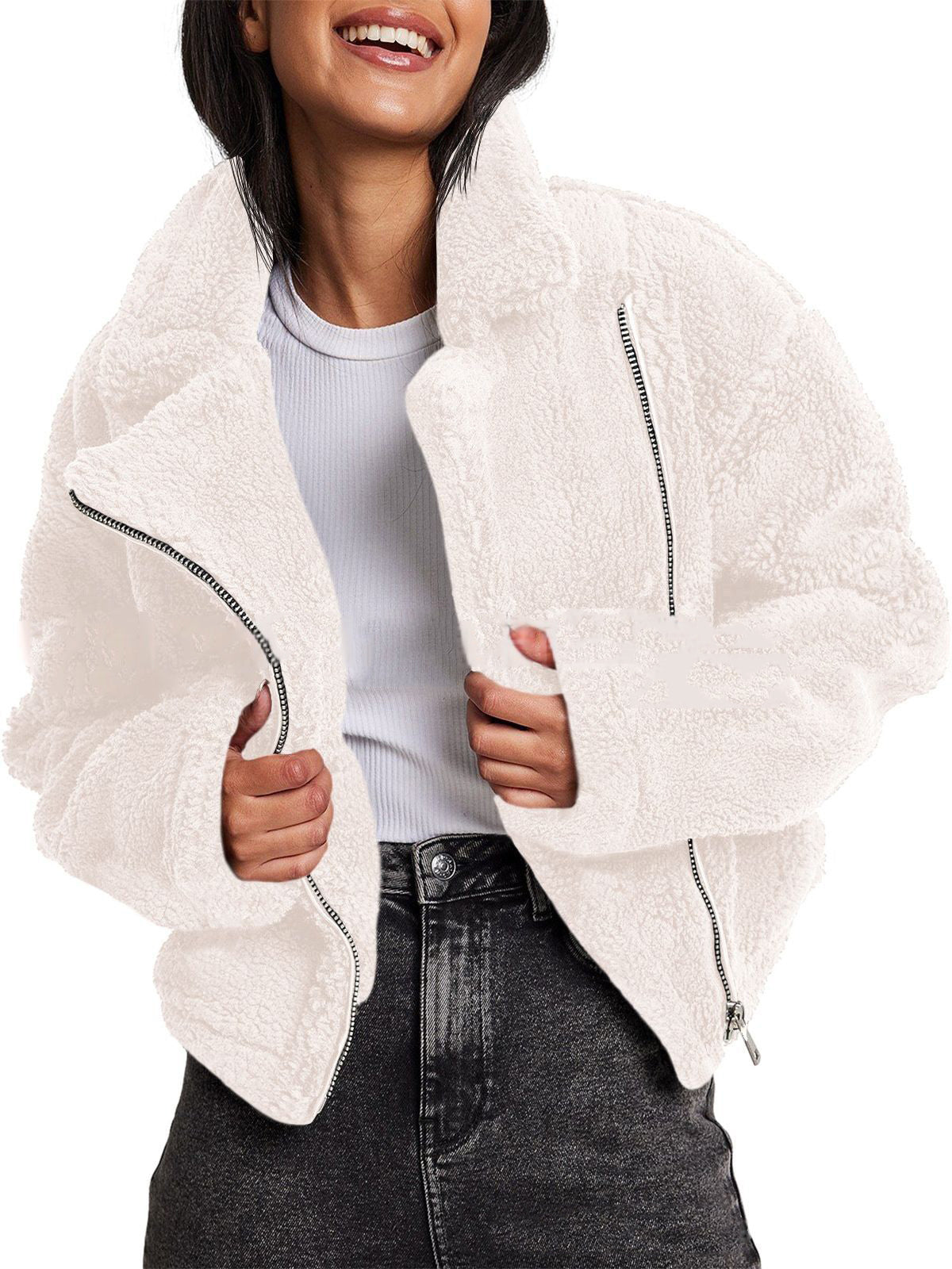 Solid color turndown collar fleece zipper trendy coat 8