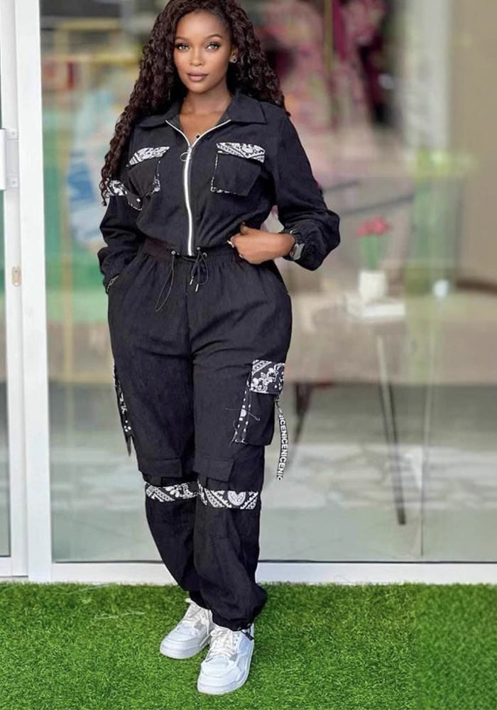 Plus Size Women Colorblock Top and Cargo Trousers Casual Two Piece Set