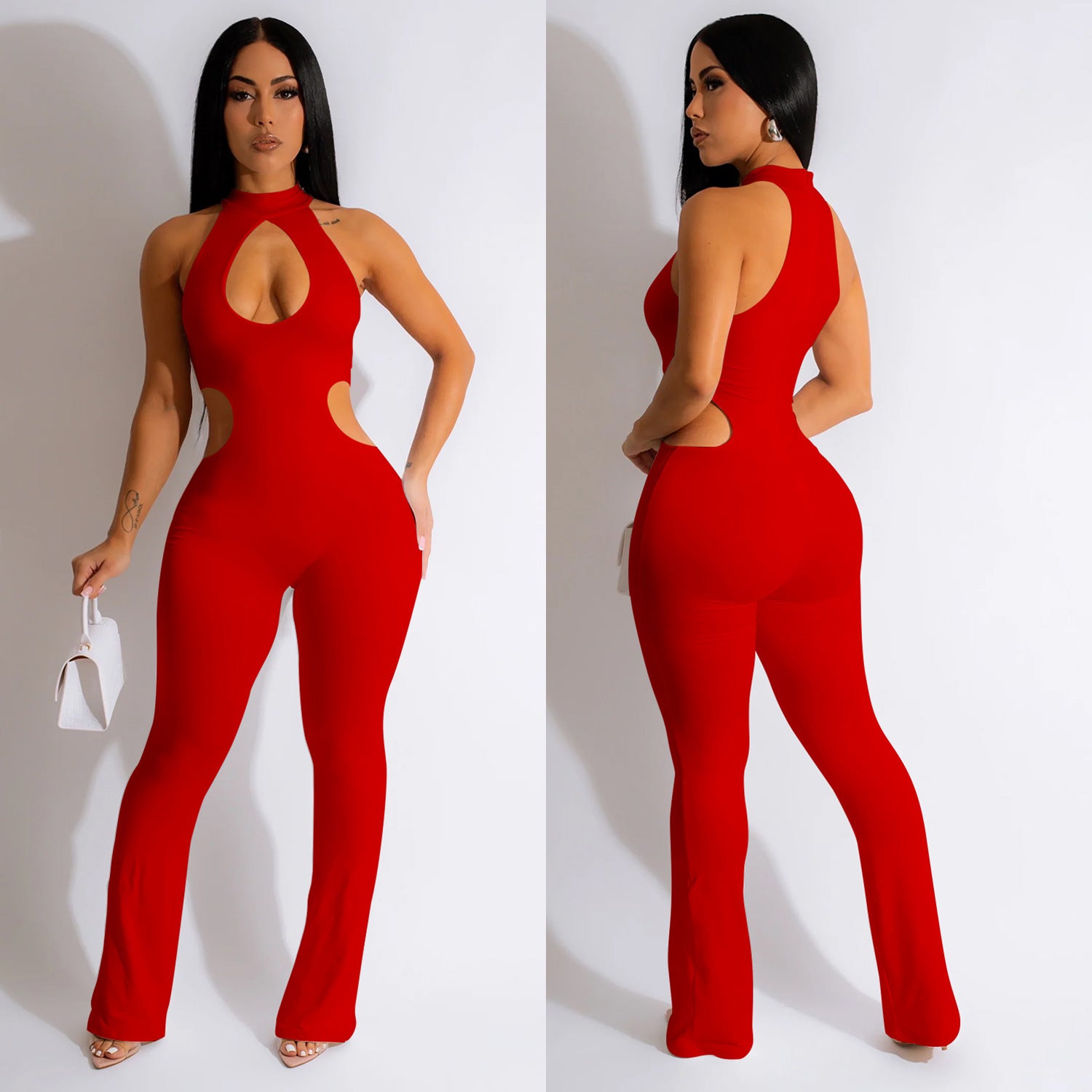 Women Solid Sexy Halter Neck Cutout Jumpsuit 9