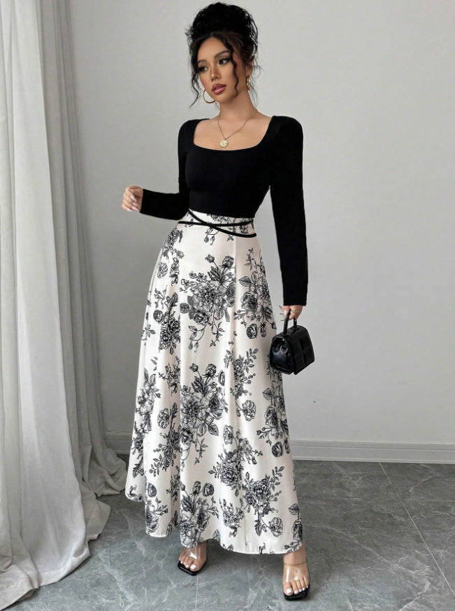 Women's Elegant Floral Print Square Neck Patchwork Tie-Waist Dress