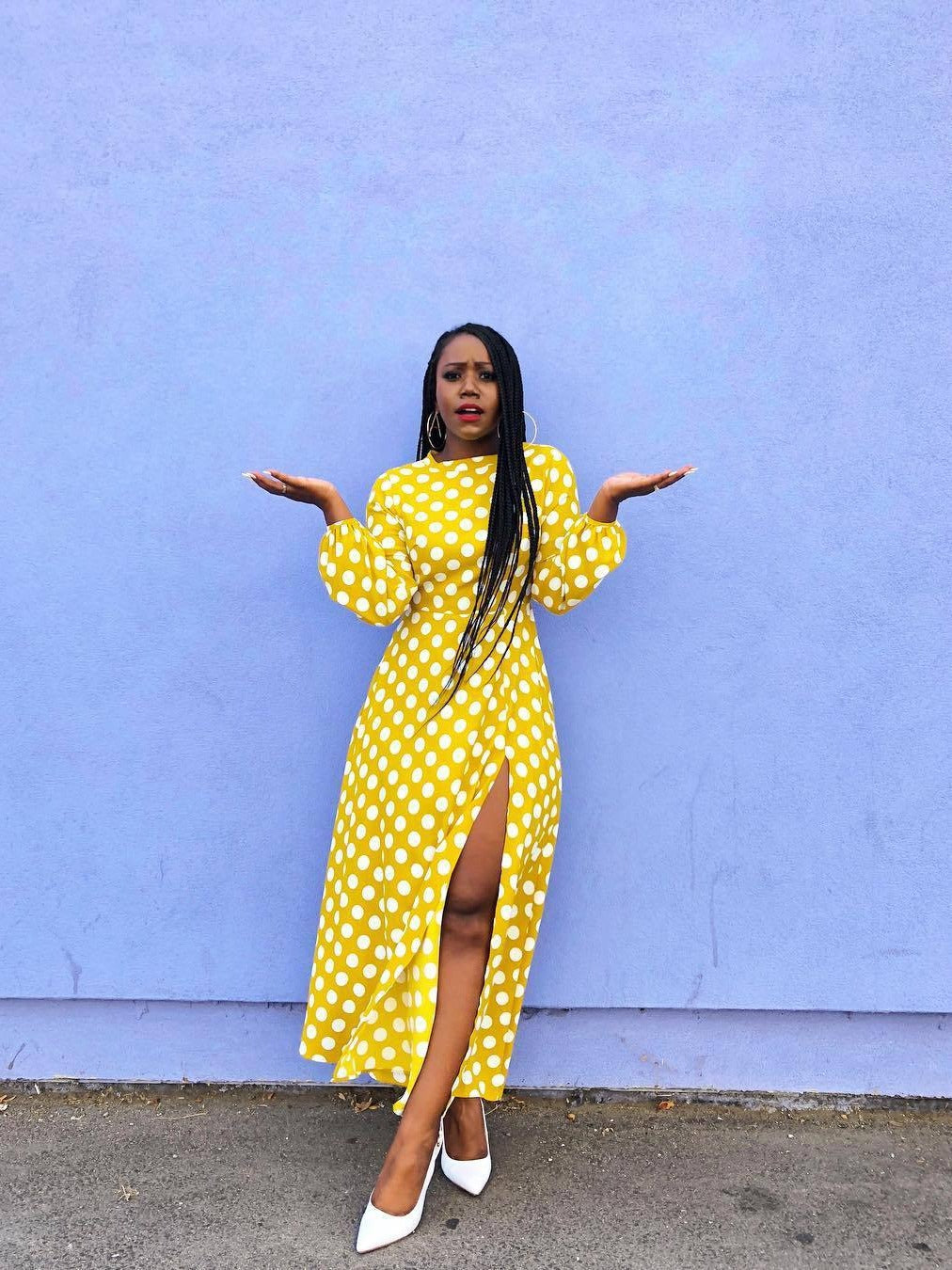 Women's Spring And Winter Round Neck Polka Dot Long Sleeve High Slit Midi Dress 5