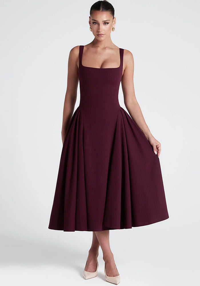 Spring Women's Square Neck Strap Retro Slim Midi Dress