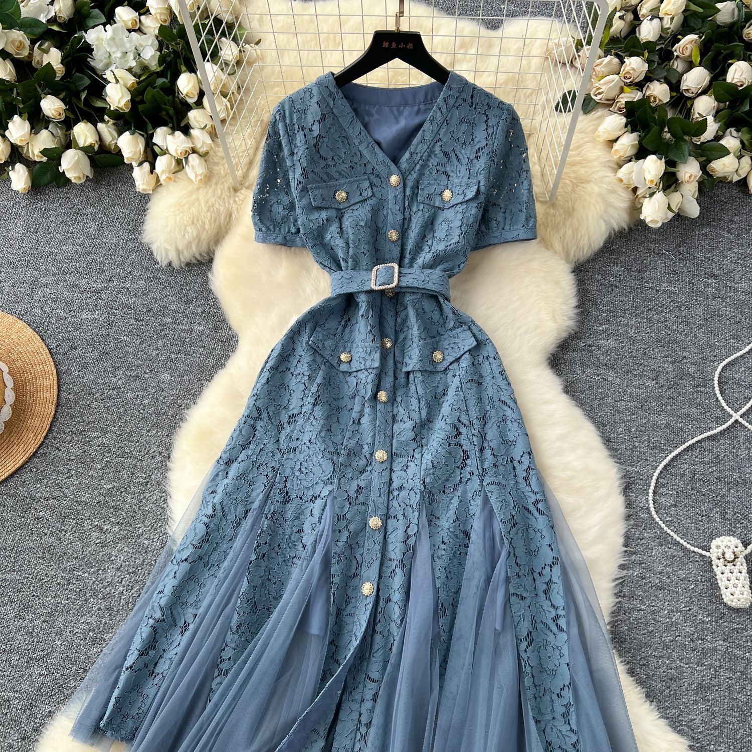 Women French V-Neck Metal Buttoned Mesh Patchwork Lace Ruffle Dress 18