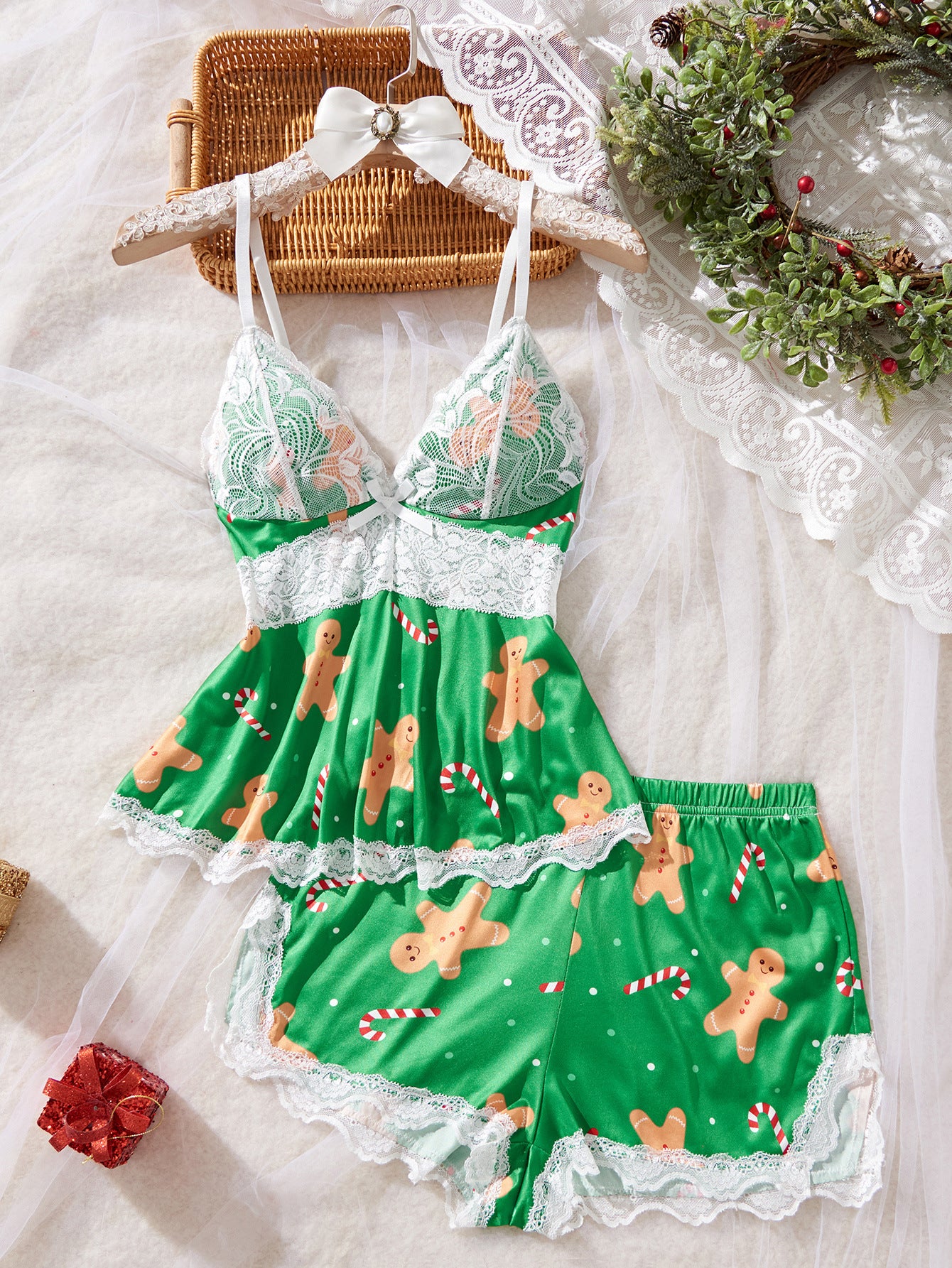 Sexy Lace Patchwork Lingerie Set Print Loungewear Two-Piece Set 4