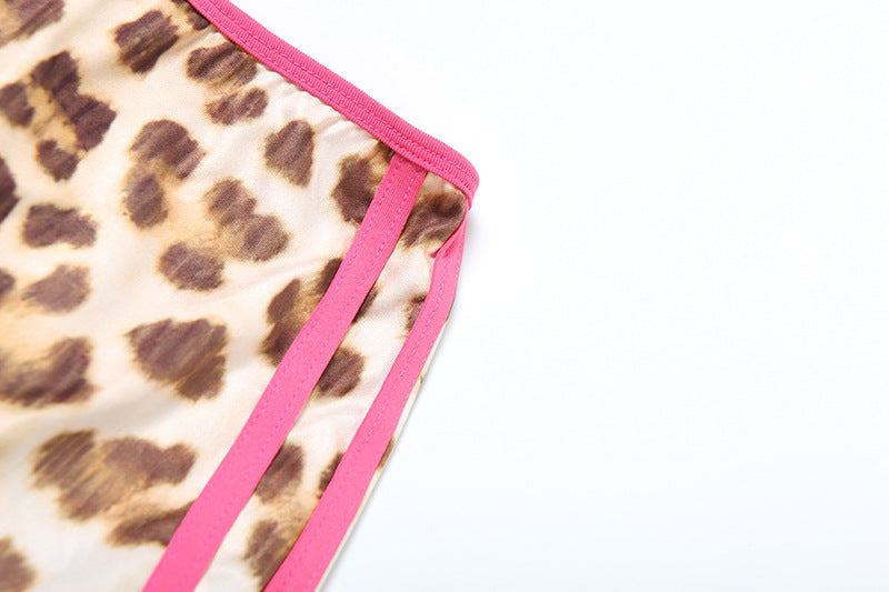 Spring and Summer Sexy Crop Slim Hooded Leopard Print Top and High Waist Shorts Two Piece Set 14