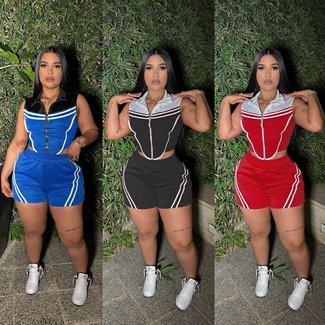 Women Career Casual Striped Patchwork Contrast Color Sleeveless Top and Shorts Sports Two-piece Set 11