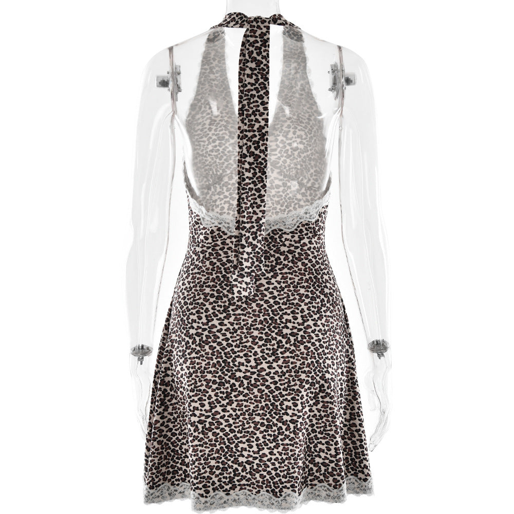 Spring Summer Leopard Print Low Back Lace Patchwork Halter Dress 8