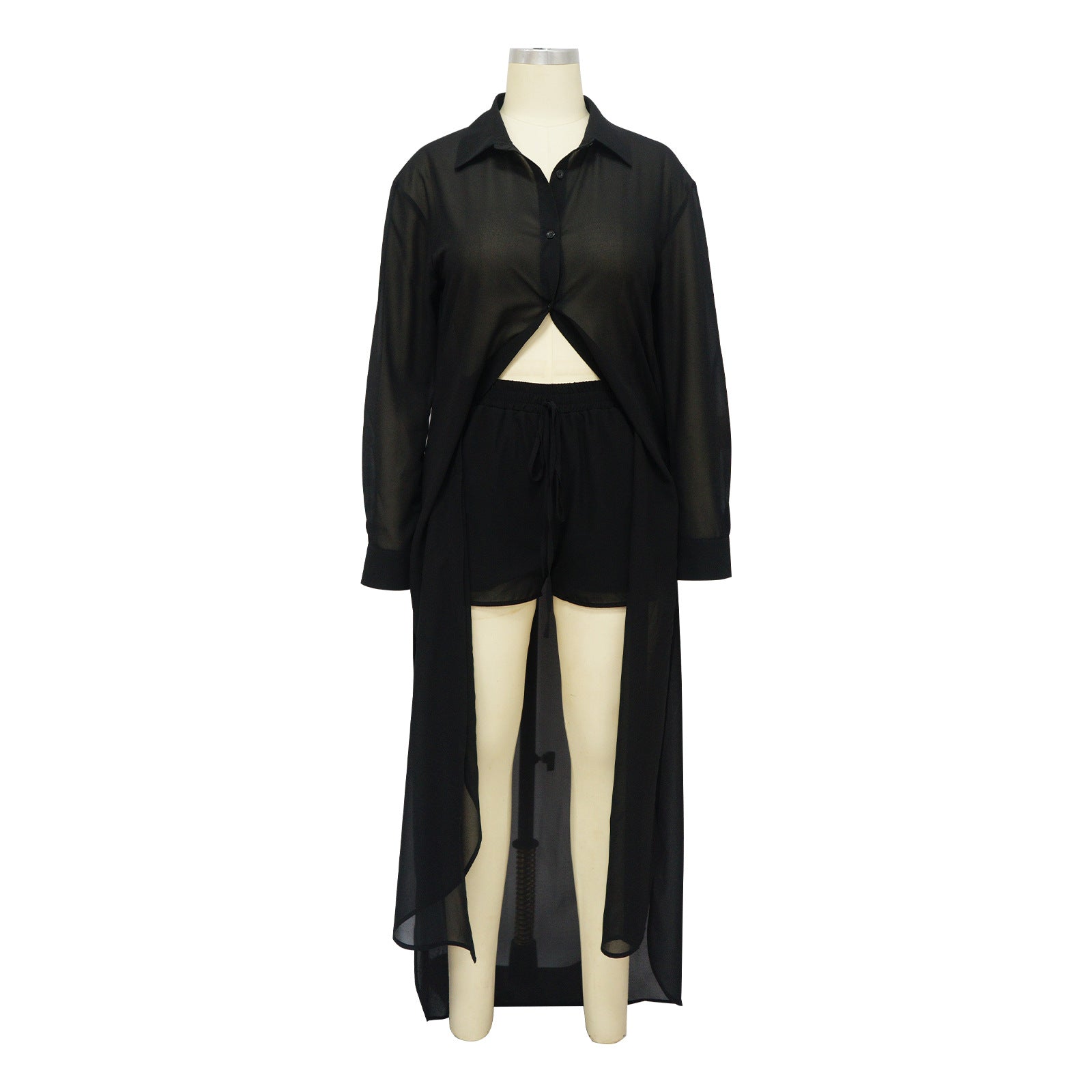 Women See-Through Solidchiffon Long Shirt and Shorts Two-Piece Set 19