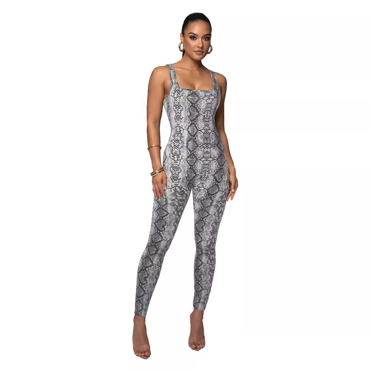 Women Printed Sleeveless Ribbed Square Neck Backless Jumpsuit 9