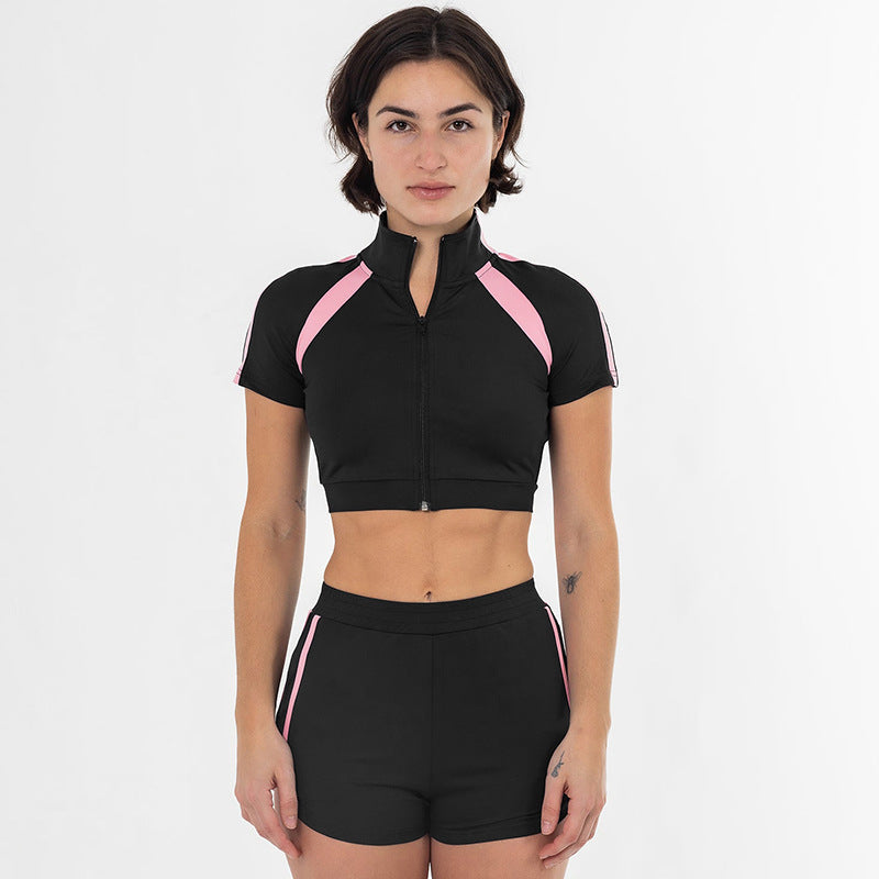 Women spring and summer Turndown Collar Zipper contrast color Top and sports shorts two-piece set