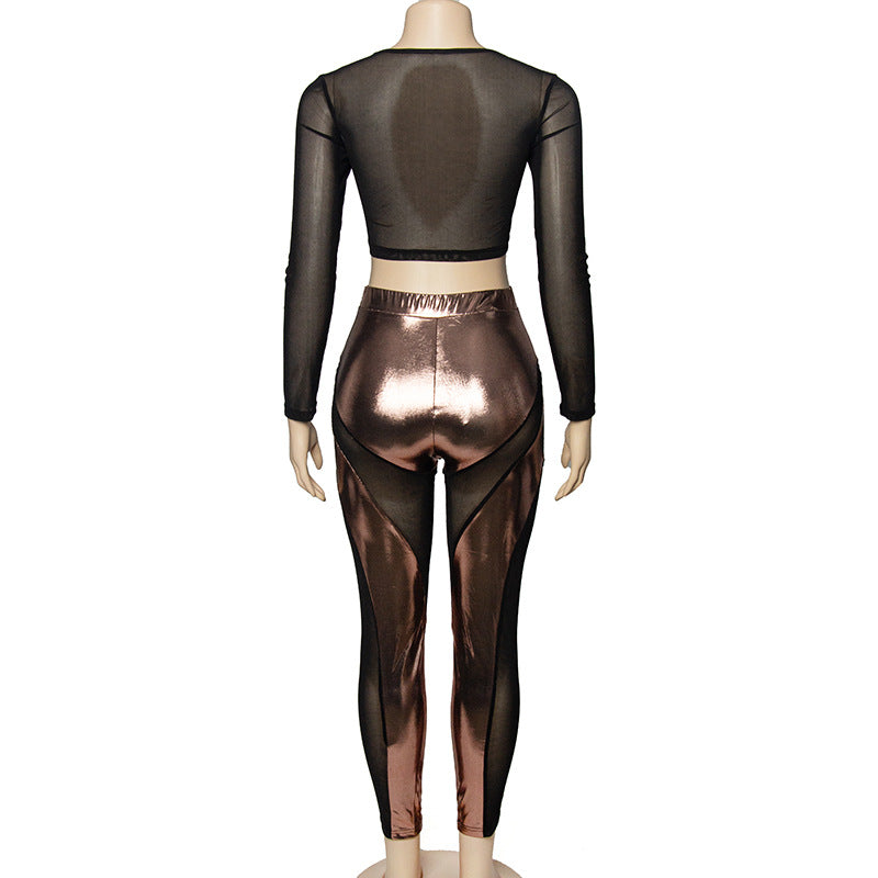 Spring Solid Color Long Sleeve Mesh Patchwork Sexy High Waist Women's Two Piece Pants Set 8