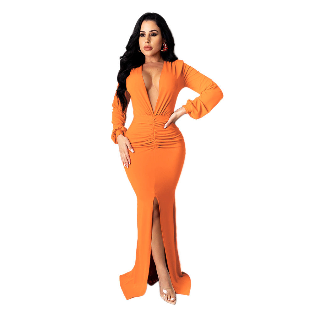 Women Solid V-neck Sexy Slit Long Sleeve Dress 17