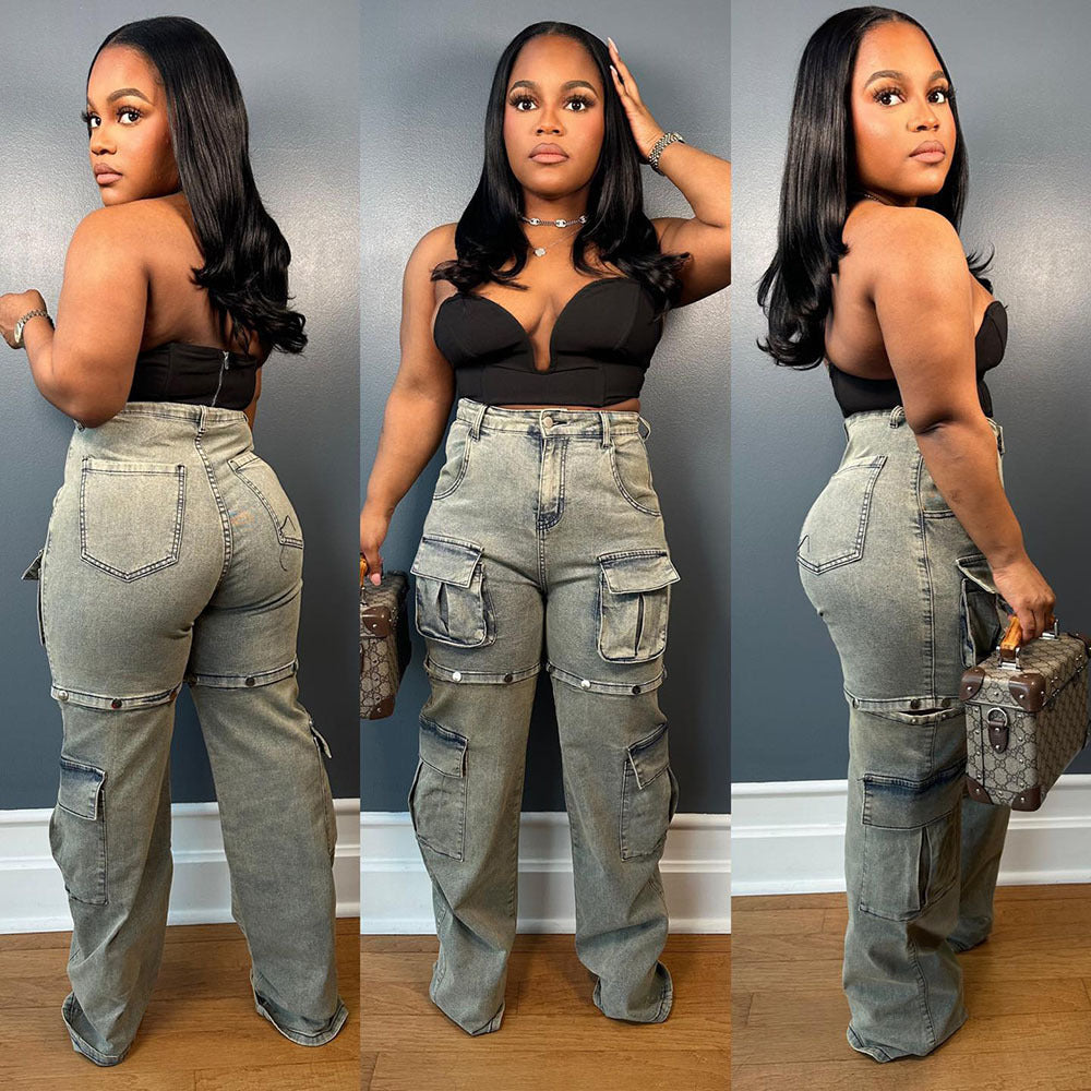 Women Pocket Removable Button Denim Pants