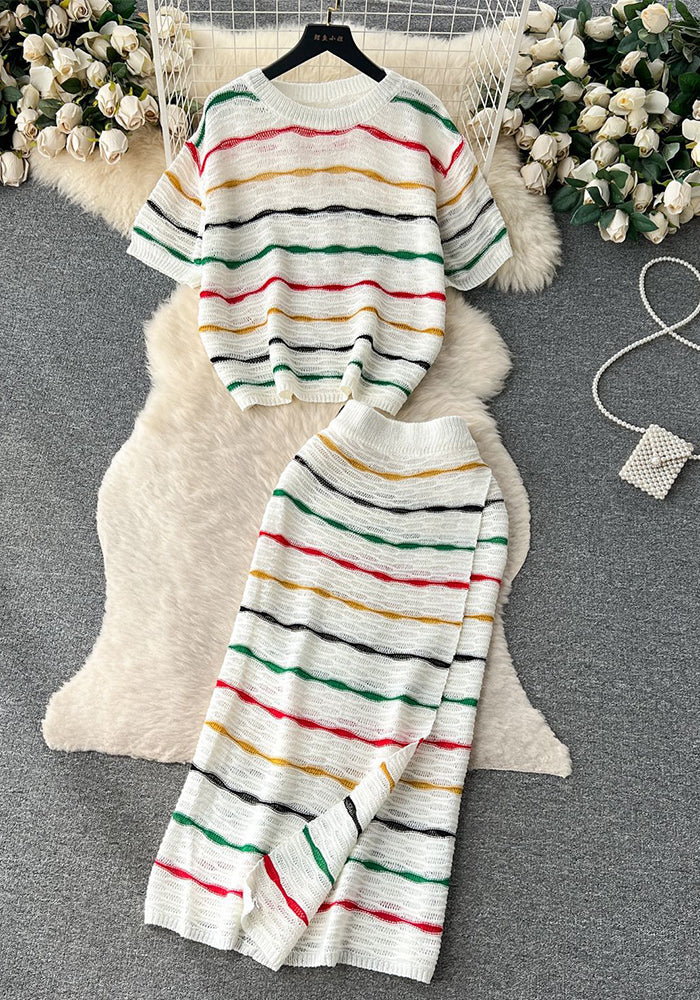 Striped Color-Blocking Loose Round Neck Knitted Crop Top & High-Waist Bodycon Skirt Set