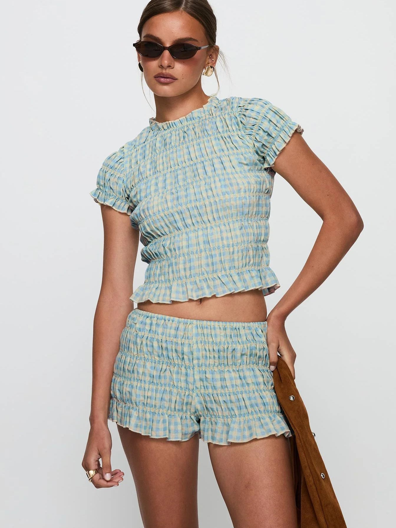 Spring Women's Fashion Plaid Short Sleeve Crop Top Mini Shorts Set 5