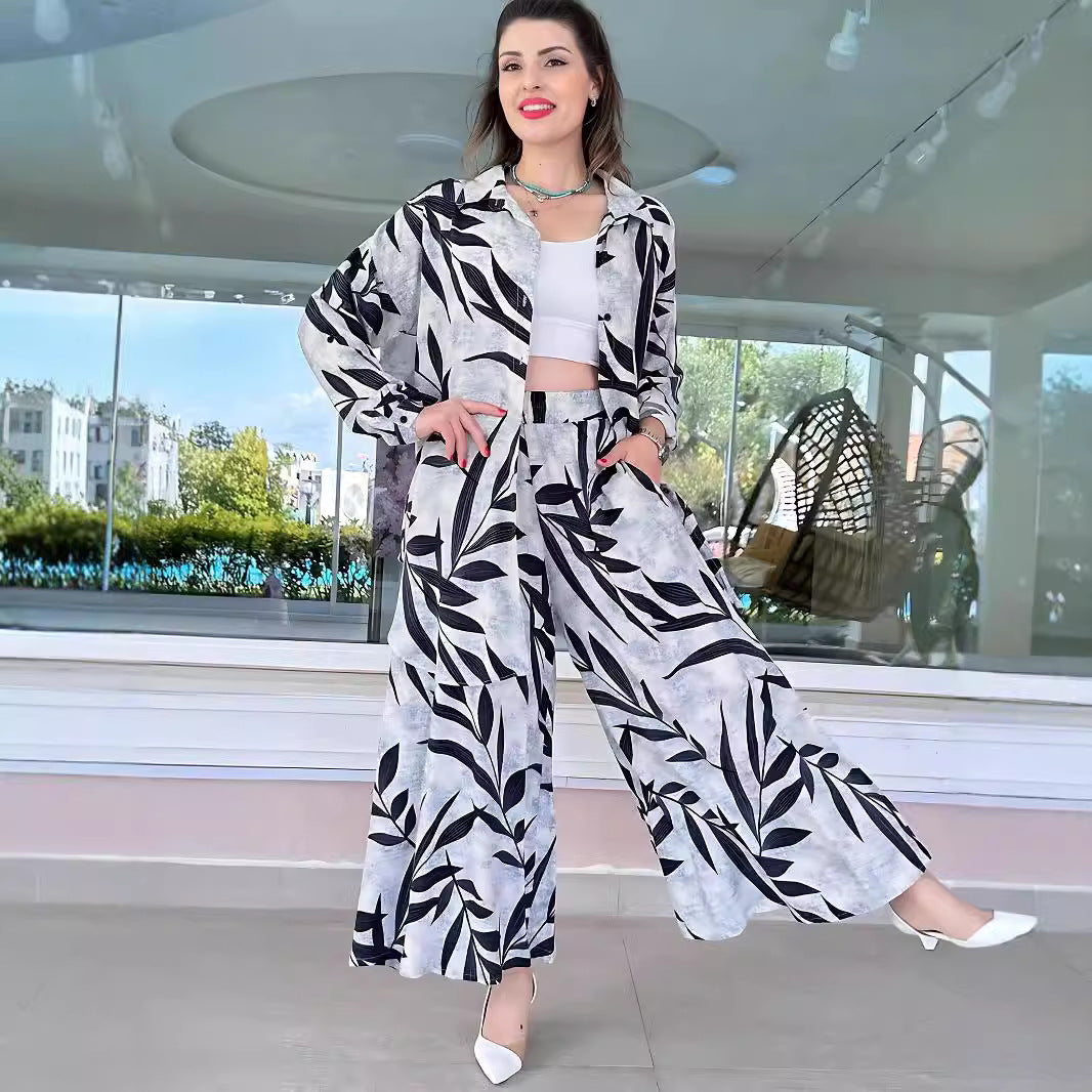 Autumn Casual long-sleeved shirt loose trousers women two-piece set