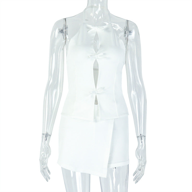 Chic Summer Solid Color Halter Two Piece Skirt Set 10