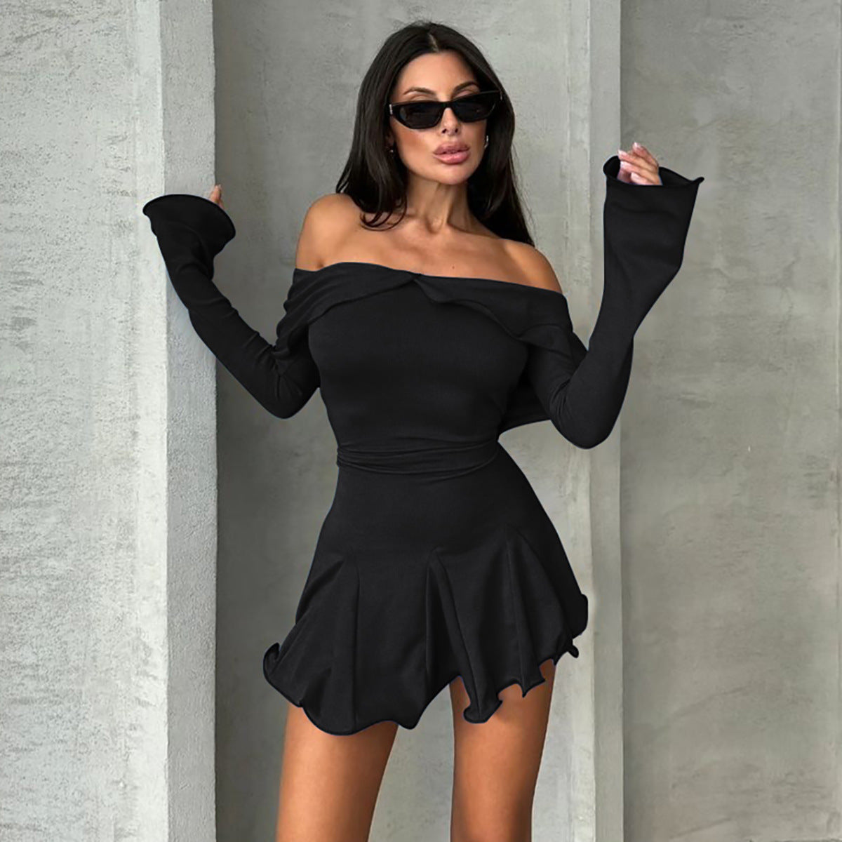 Women Autumn and Winter Style Ruffle Bodycon Off Shoulder Long Sleeve Dress 3