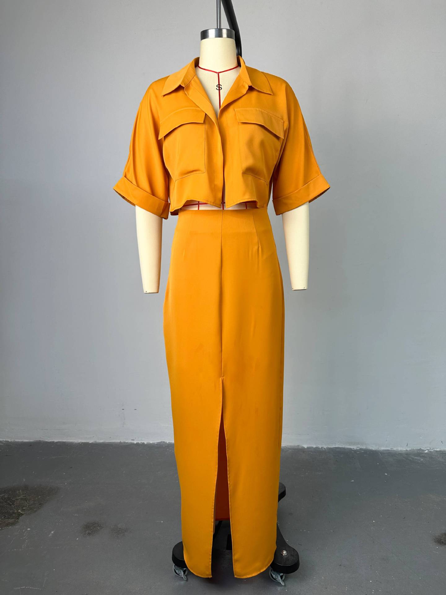 Women's Summer Turndown Collar Short Sleeve Shirt Top Slit Long Skirt Suit 8