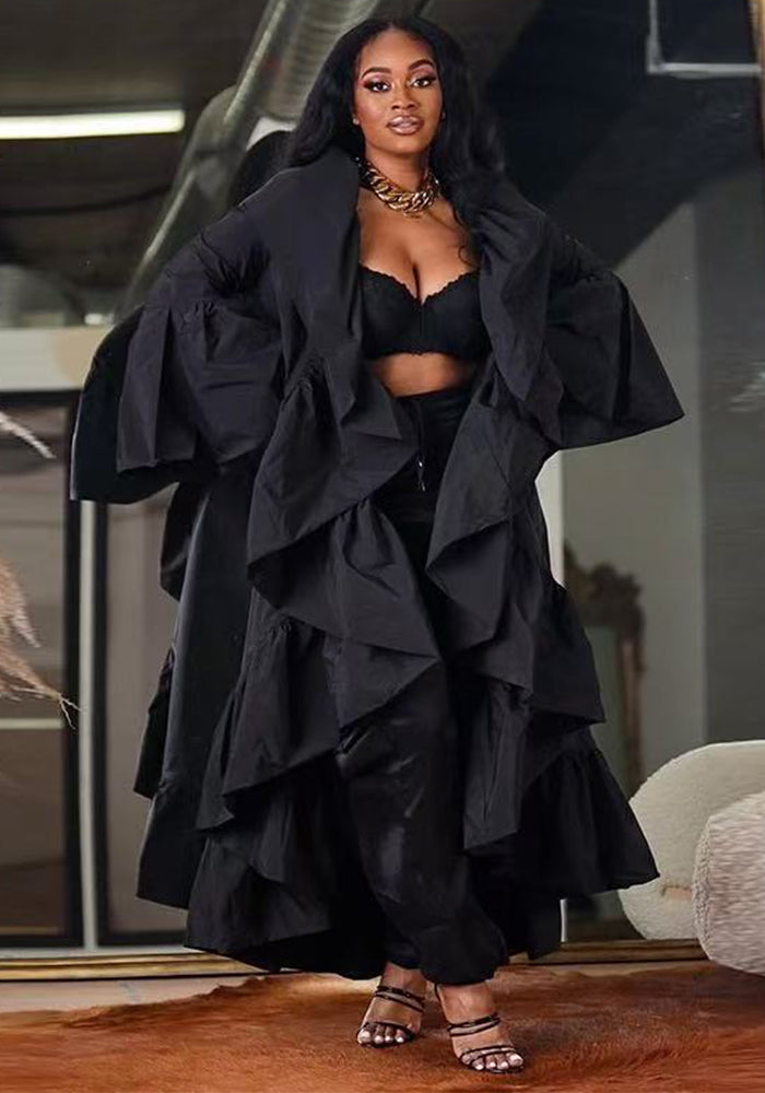 Women's Autumn Solid Color Ruffled Long Trench Coat