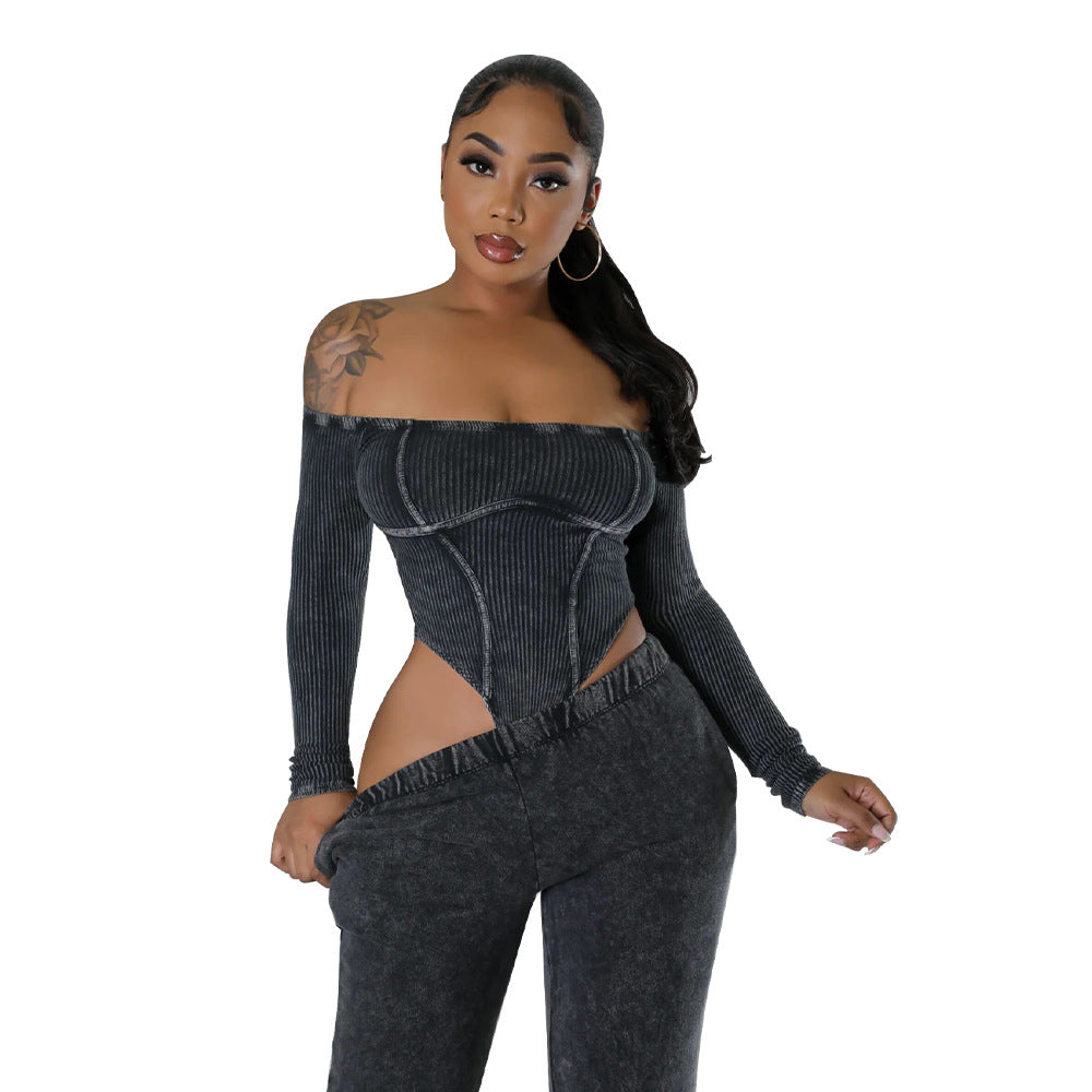 Fashion Women's Off Shoulder Long Sleeve Bodysuit Pants Two Piece Set 8