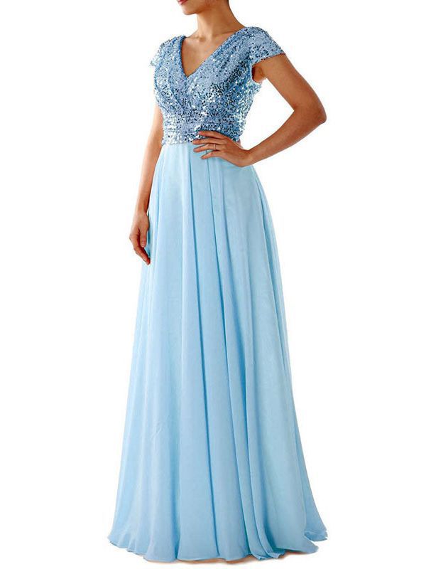 Women Summer V Neck Sequined Chiffon Patchwork Evening Dress 8