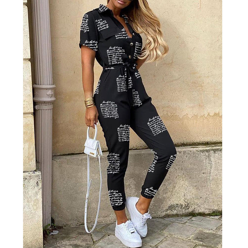 Women'S Summer Cargo Trousers Casual Turndown Collar Buttoned Printed Belt Jumpsuit 12
