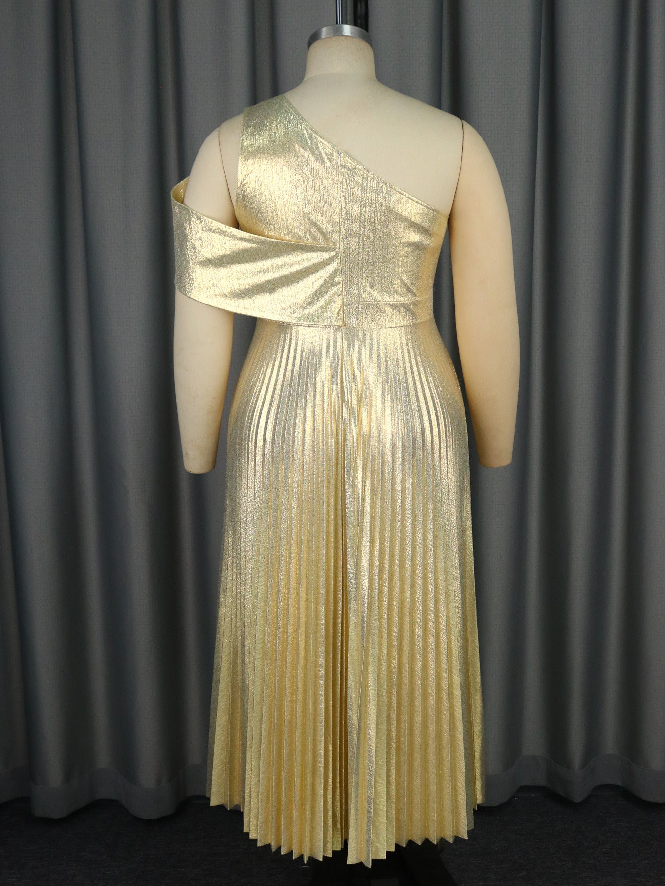 Summer Elegant One Shoulder Sleeveless Gold Pleated Formal Party Dress 6