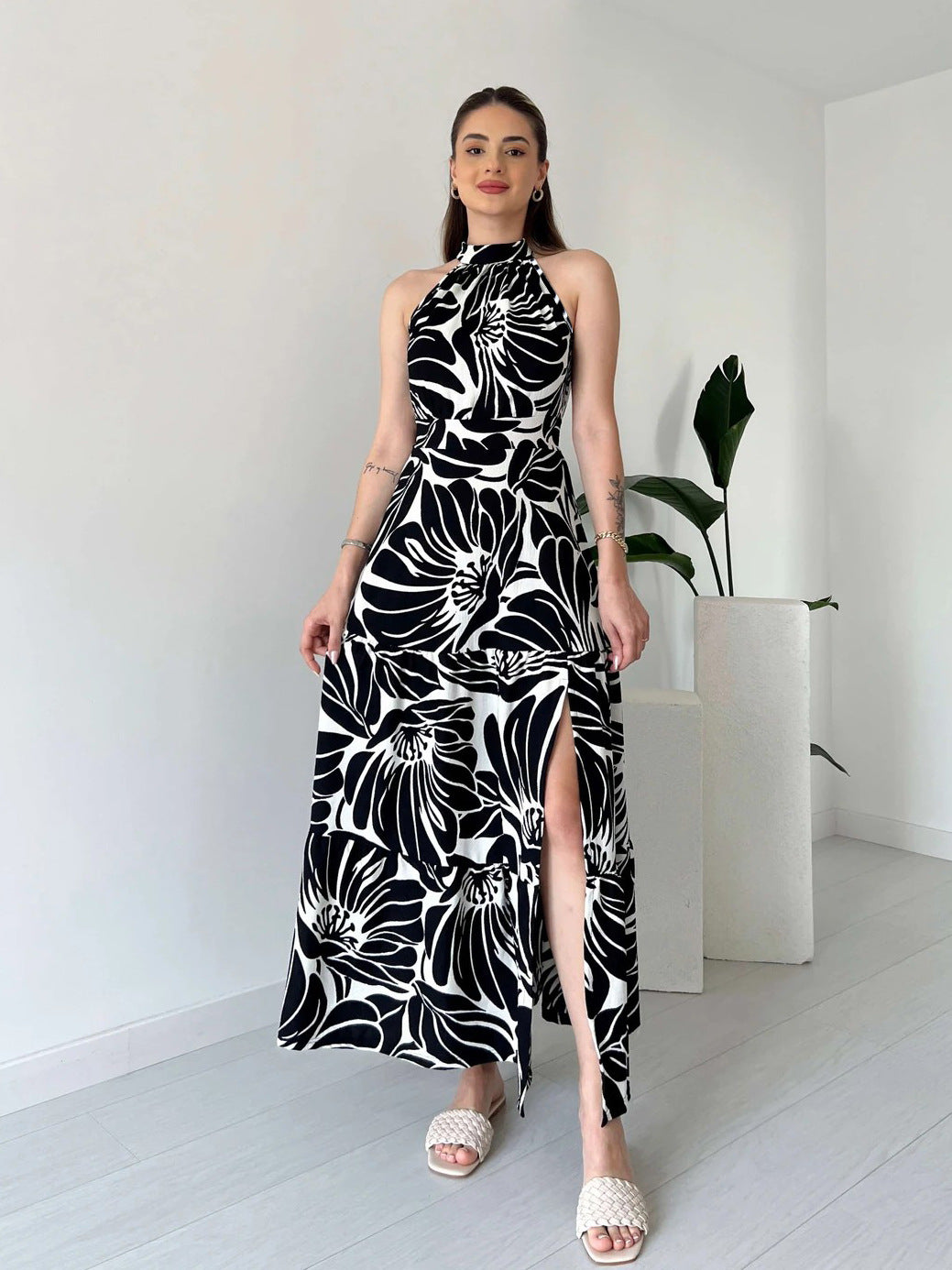 Women Sleeveless Chic Print Fashion Slit A-Line Long Dress 3