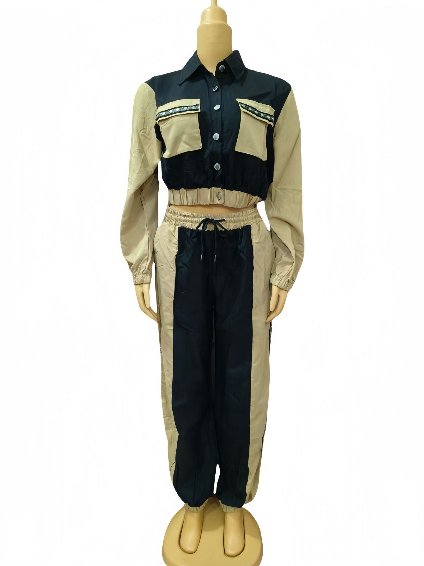 Women color matching Top and multi-pocket trousers Casual Two Piece Set 10