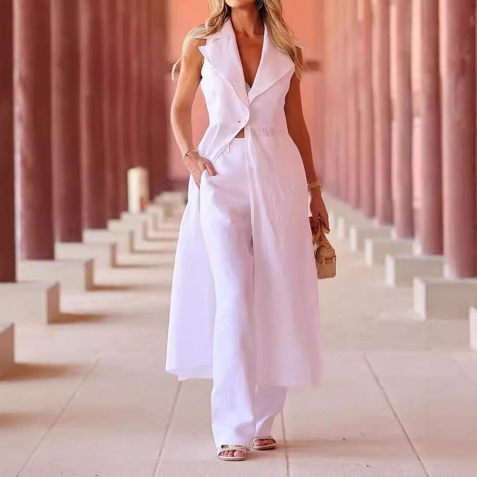 Women Turndown Collar Sleeveless Solid Top and Pant Two-Piece Set 3