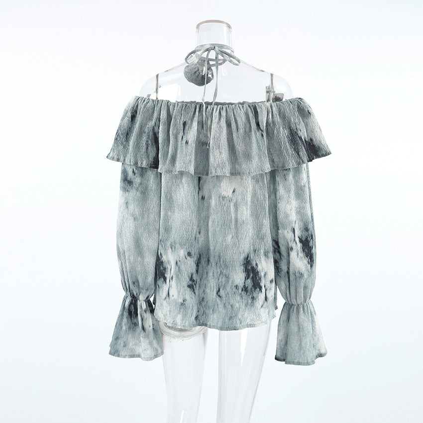 Women Floral Casual Print Off Shoulder Lace-up Bell Bottom Sleeve Top 6