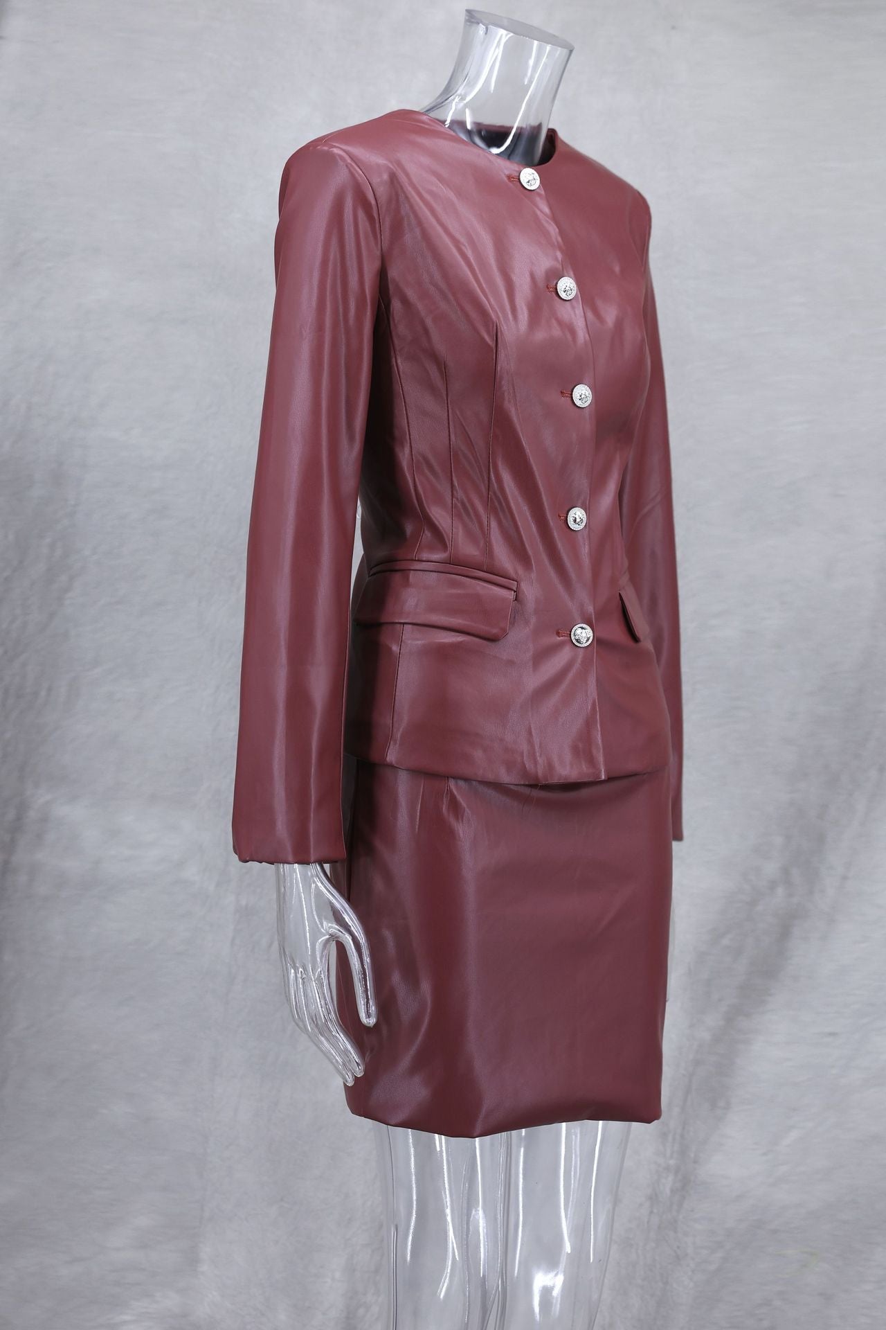 Autumn Winter Slim Fit Chic Leather Jacket Skirt Suit 9