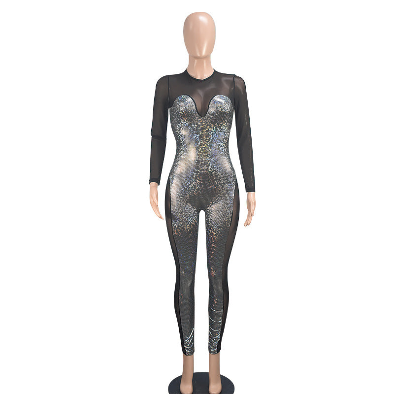 Women's Sexy See-Through Slim Sequined Mesh Long Sleeve Jumpsuit 10