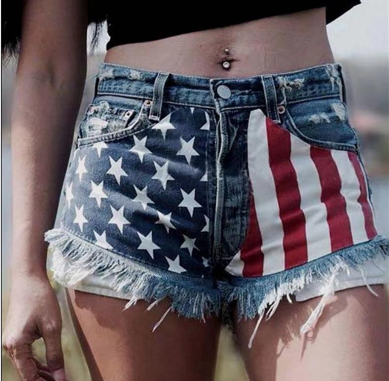 Women American Flag Ripped Tassel Denim Shorts