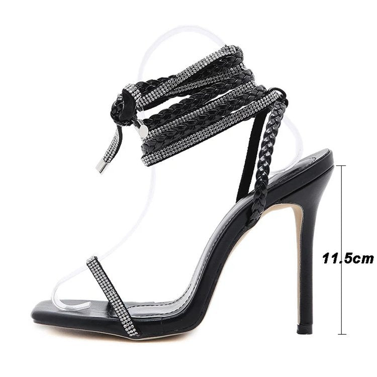 Plus Size Women Sexy Rhinestone Braided Foot Ring Lace-Up High Heel Sandals 5