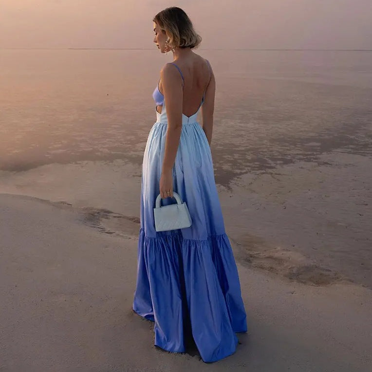 Women Gradient Color Suspender Cut Out Maxi Dress 5