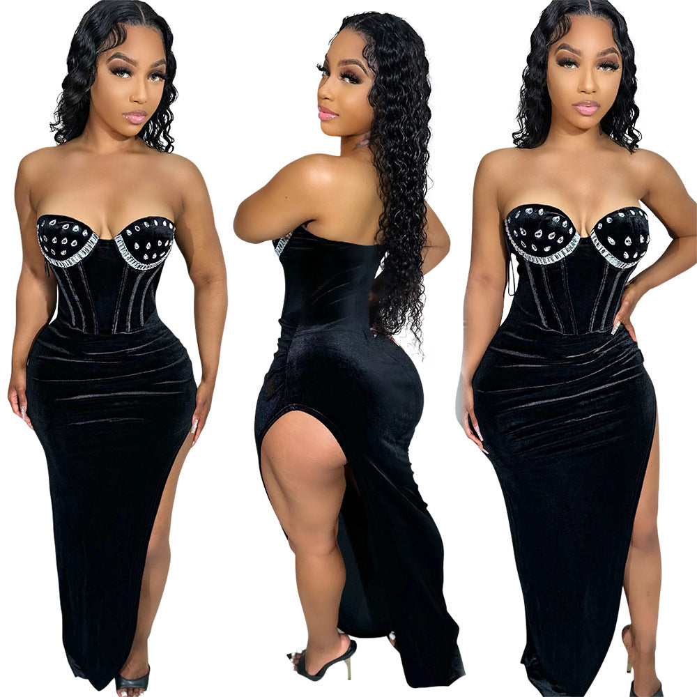 Fashion Sexy Strapless High Slit Solid Color Beaded Dress For Women 3