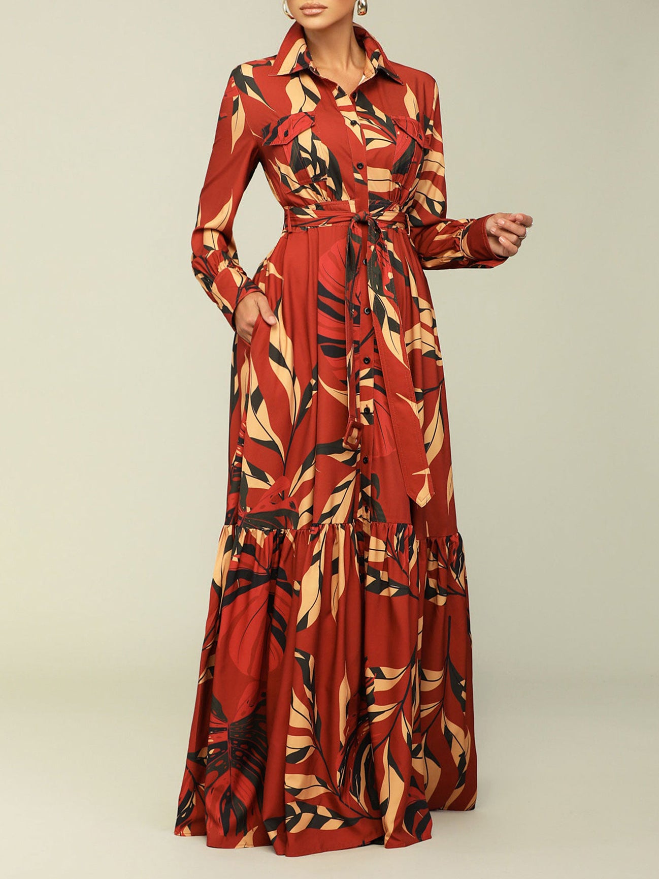 Women's Autumn Turndown Collar Belted Fashion Printed Long Sleeve Shirt Dress Long Dress 5