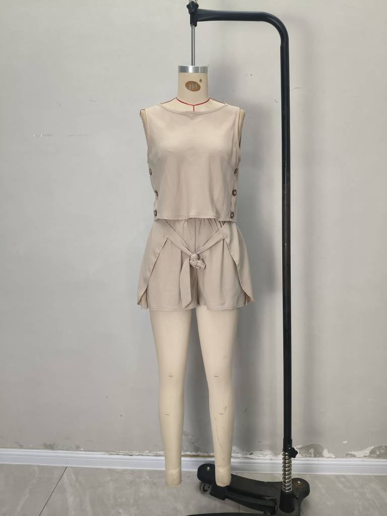 Women Solid button lotus leaf Lace-Up bow sleeveless top and shorts two-piece set 6