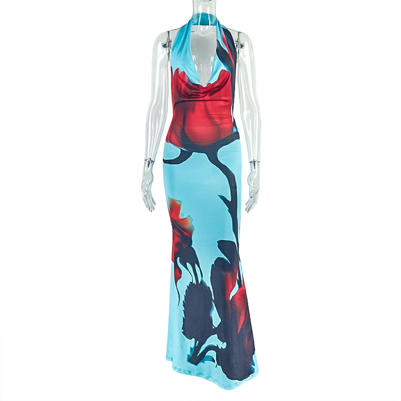 Fashion Printed Casual Ruched Halter Neck Draped Low-Back Long Dress 4