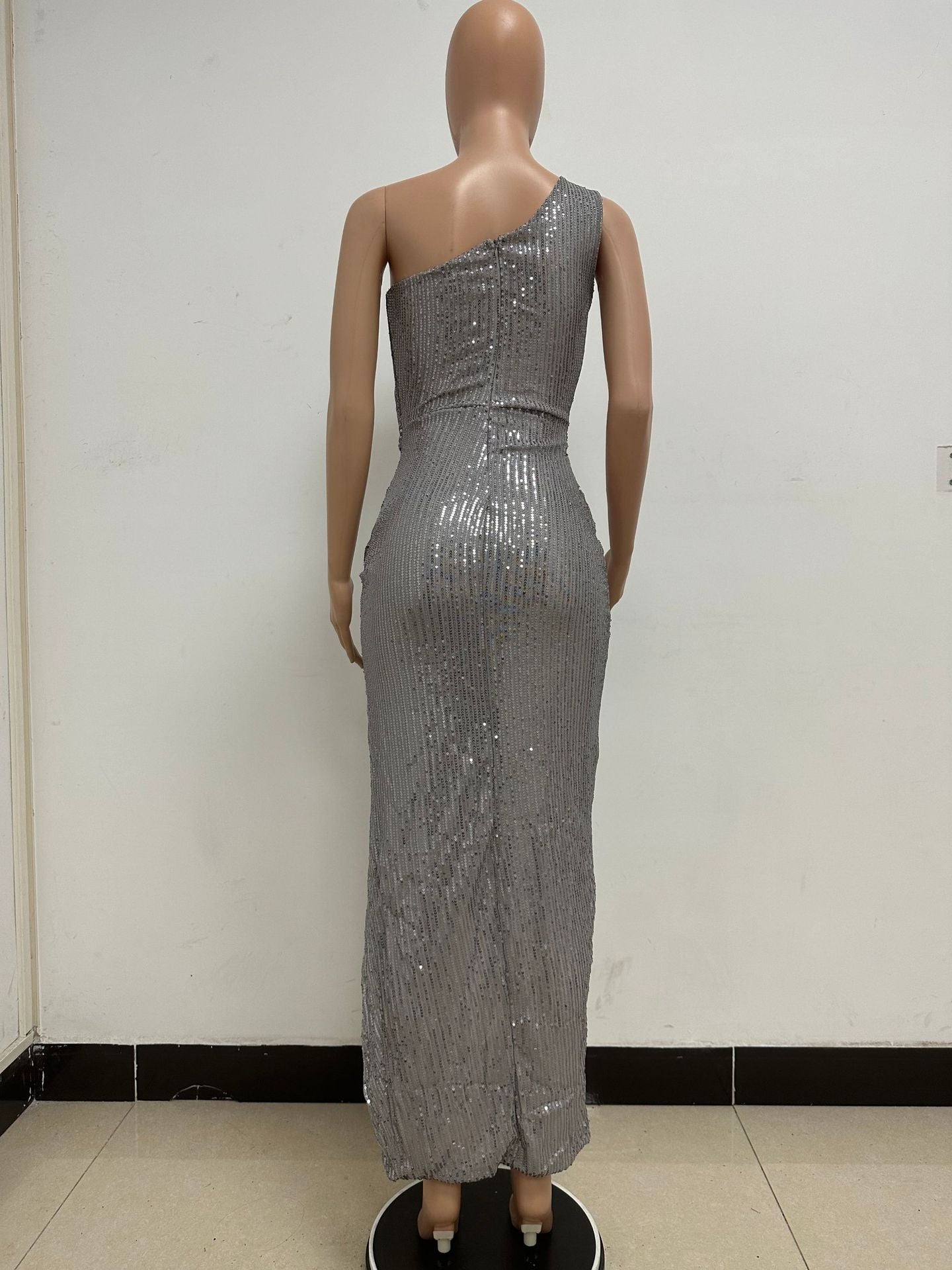 Women's One-Shoulder Lace-Up Sequined Evening Dress 102