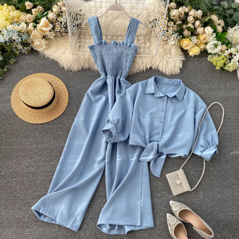 Women Holidays Stand Collar Short Sleeve Shirt and Suspender pleated wide-leg jumpsuit two-piece set 4