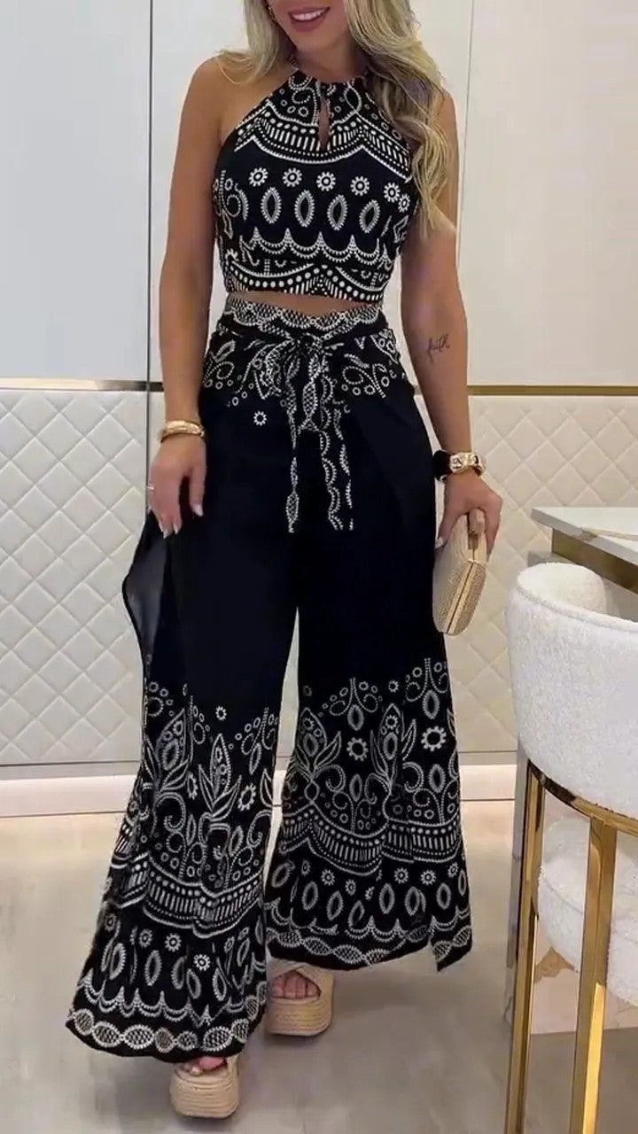 Spring/Summer Retro Ethnic Style Halter Neck Top Wide-Leg Pants Two Piece Set