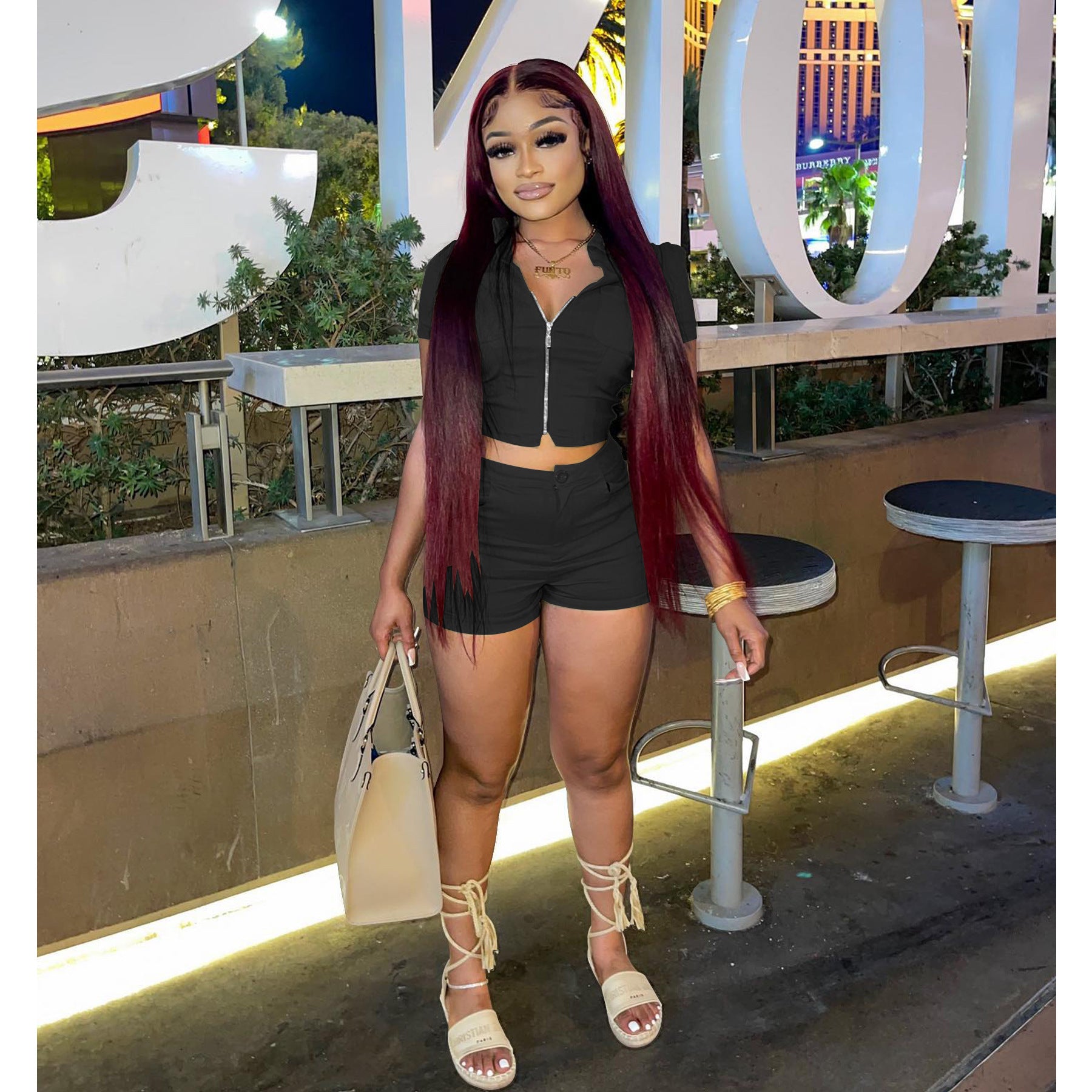 Women's summer casual women's zipper short-sleeved jacket shorts two-piece set of solid color high elastic fabric 8