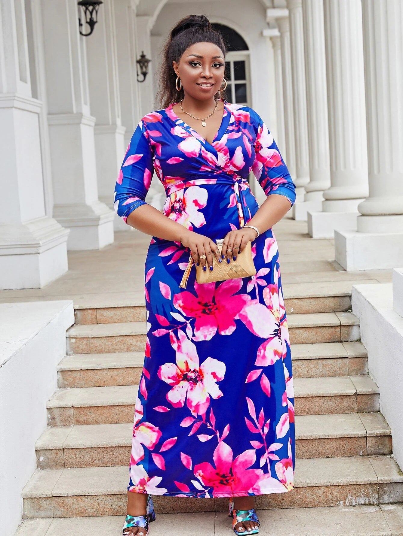 Plus Size Women's V-Neck Three-quarter Sleeve Bohemian Beach Long Dress 9